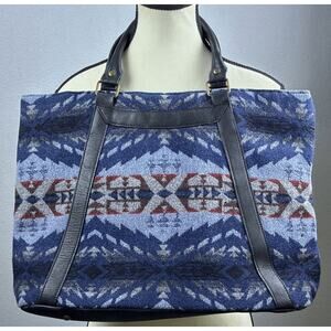 Pendleton Blue Aztec Wool Blk Leather Trim Straps Pockets Magnetic 12X18X6 Tote